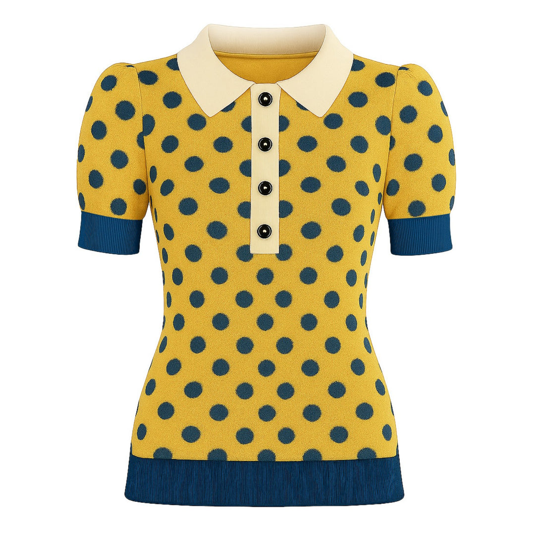 Women's vintage yellow polka dot knitted bubble sleeve polo