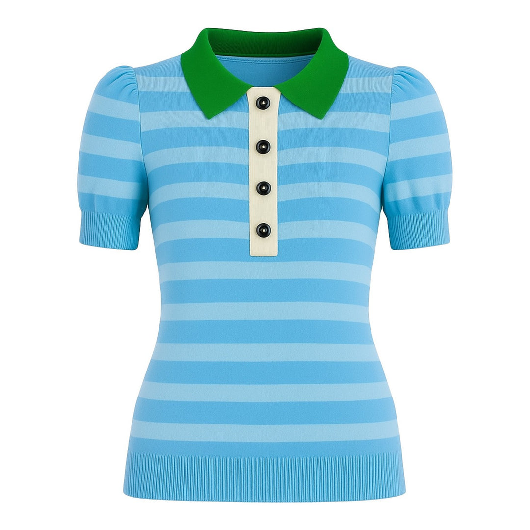 Women's blue striped Collage knitted bubble sleeve polo