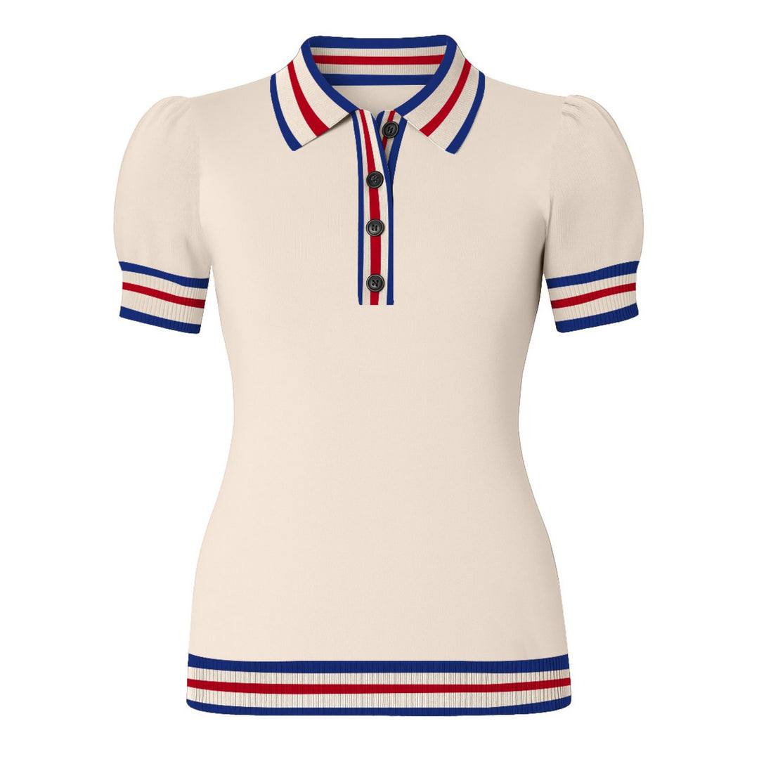 Women's white apricot striped design puffed sleeve knitted polo