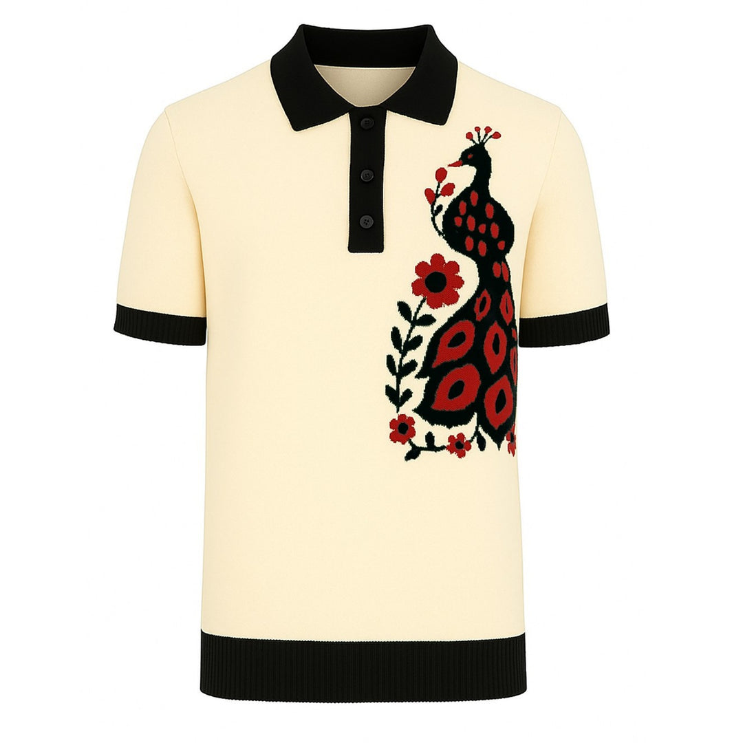 Men's apricot art animal jacquard knitted polo shirt