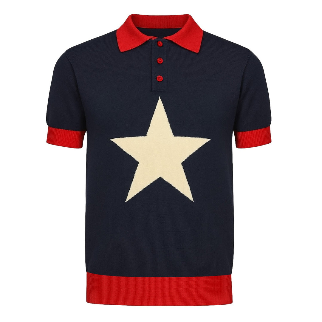 Men's dark blue vintage star jacquard knit polo