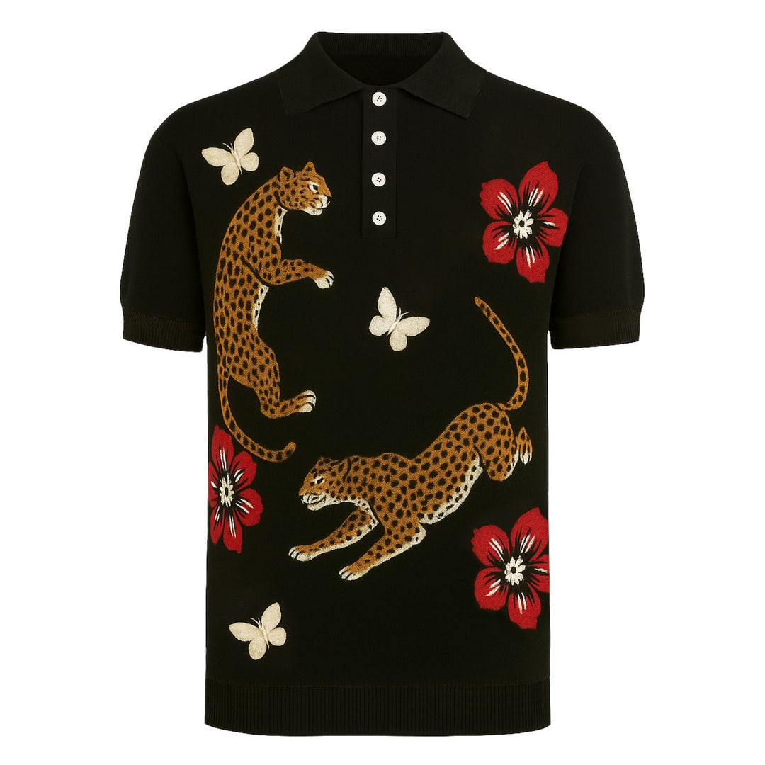 Mens Black Tiger floral Jacquard knitted polo
