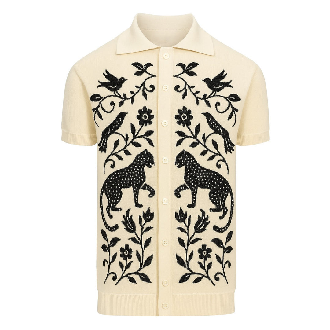 Men's beige vintage animal flower jacquard cardigan