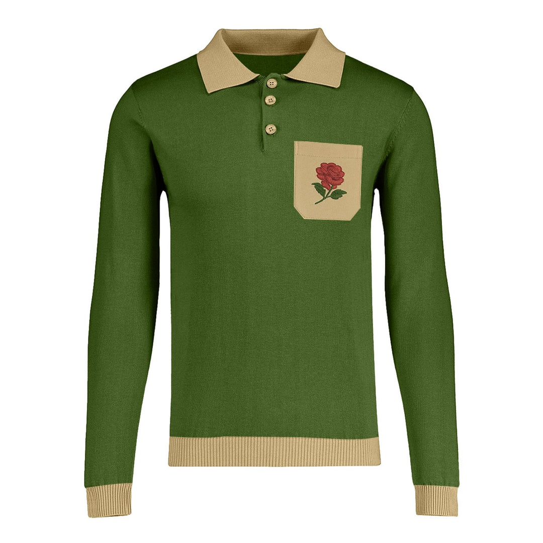 Men's green vintage pocket embroidered rose polo