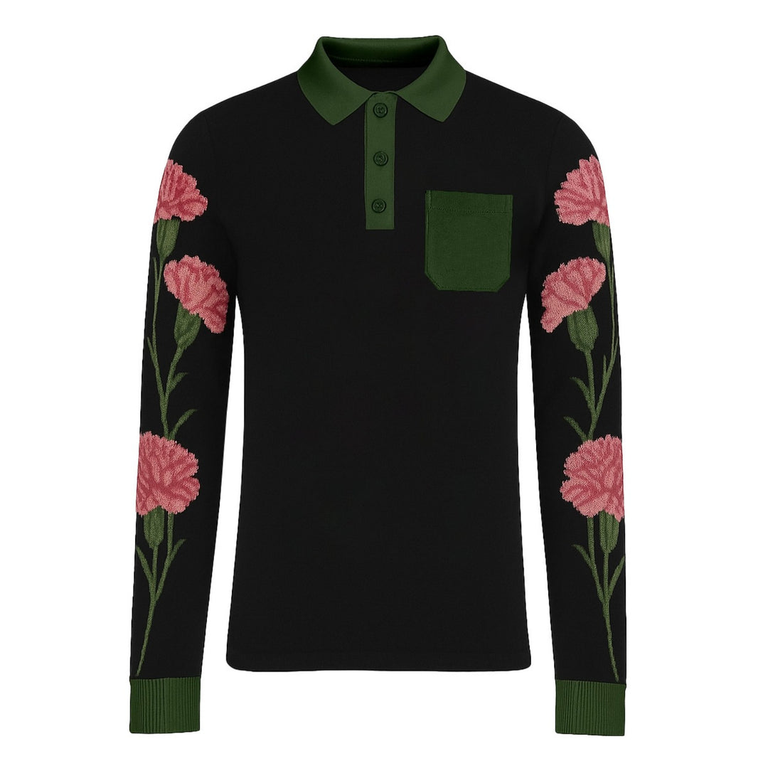 Men's black vintage jacquard pocket polo shirt
