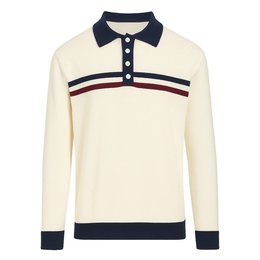 Men's cream white casual striped knit polo shirt