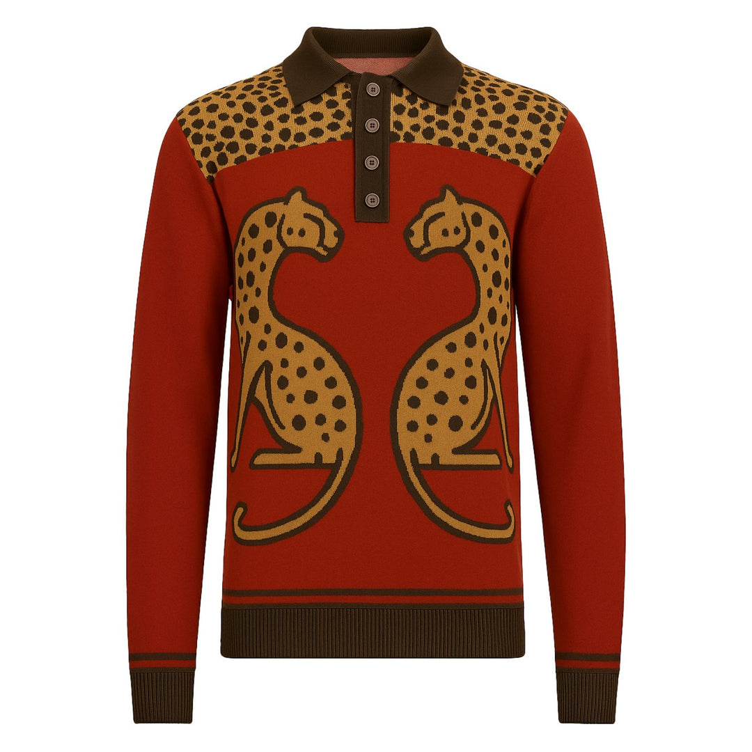 Men's red leopard print animal jacquard knitted polo shirt