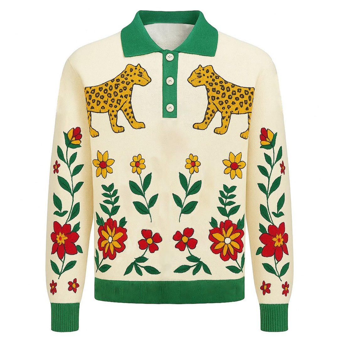 Men's green animal flower jacquard knitted polo shirt