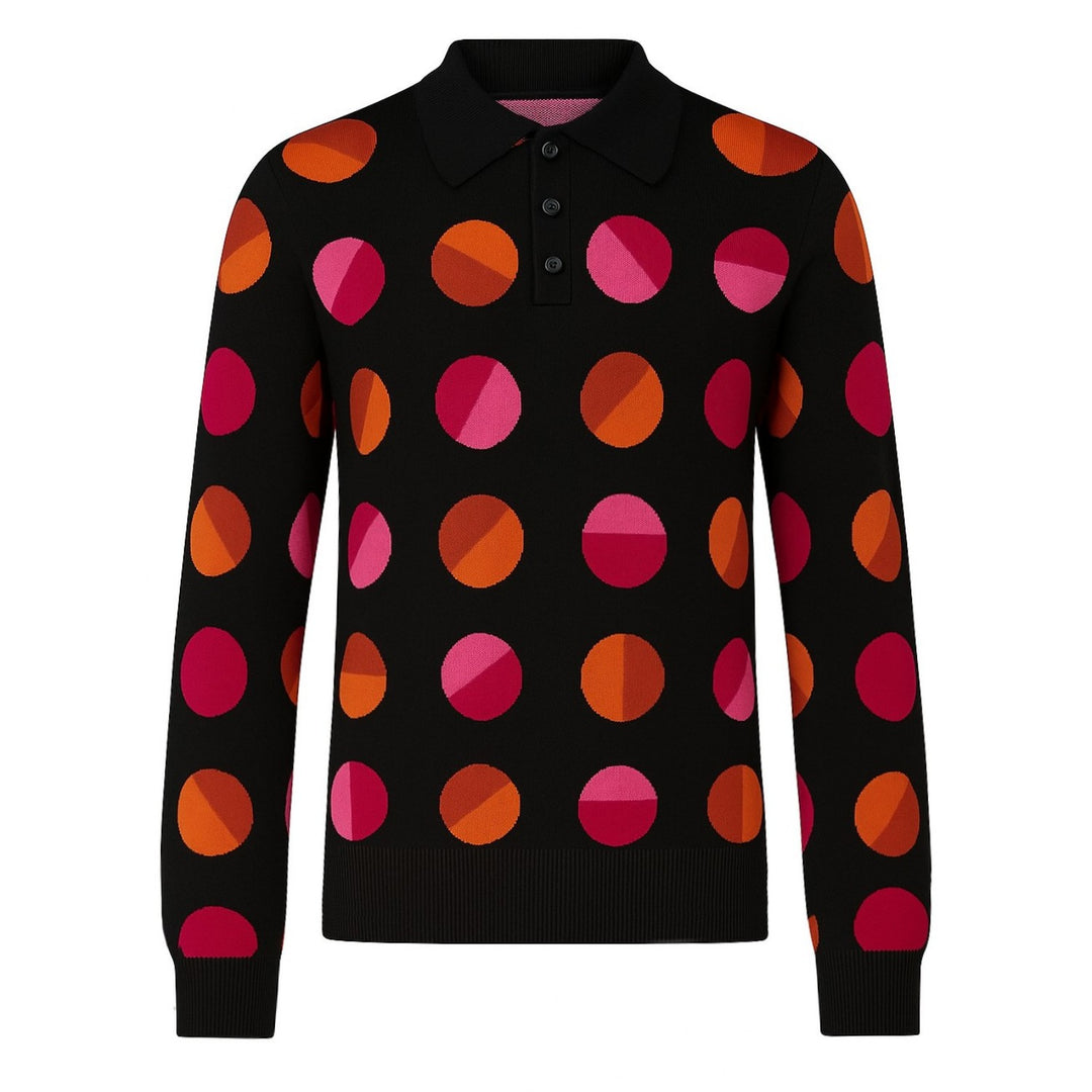 Men's black polka dot rock jacquard knit polo shirt