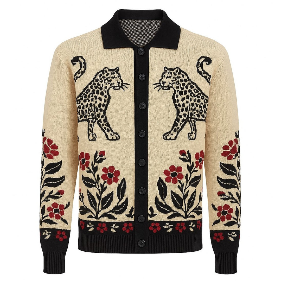 Men khaki art animal floral knitted cardigan