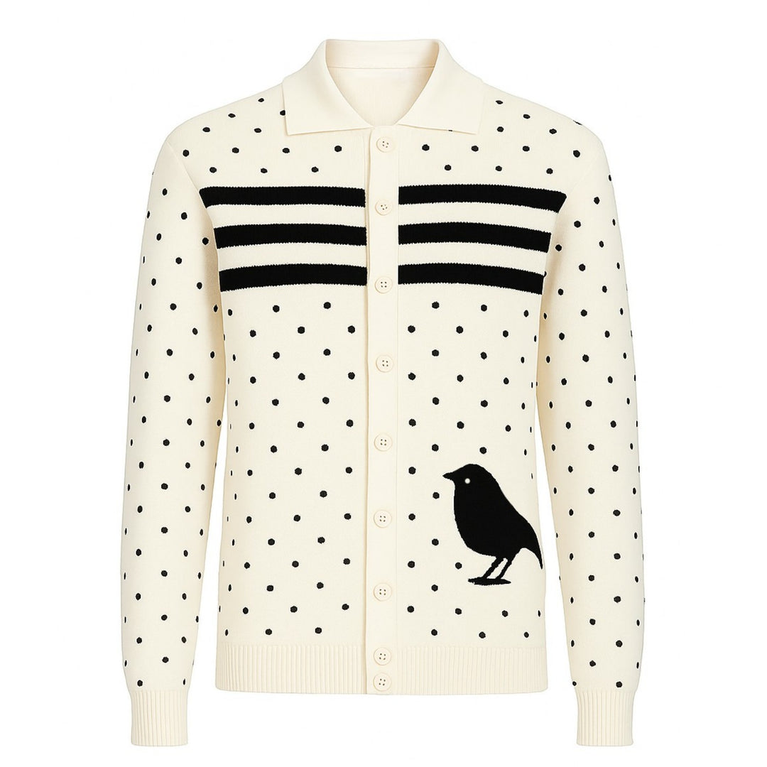 Men's white striped bird art jacquard cardigan