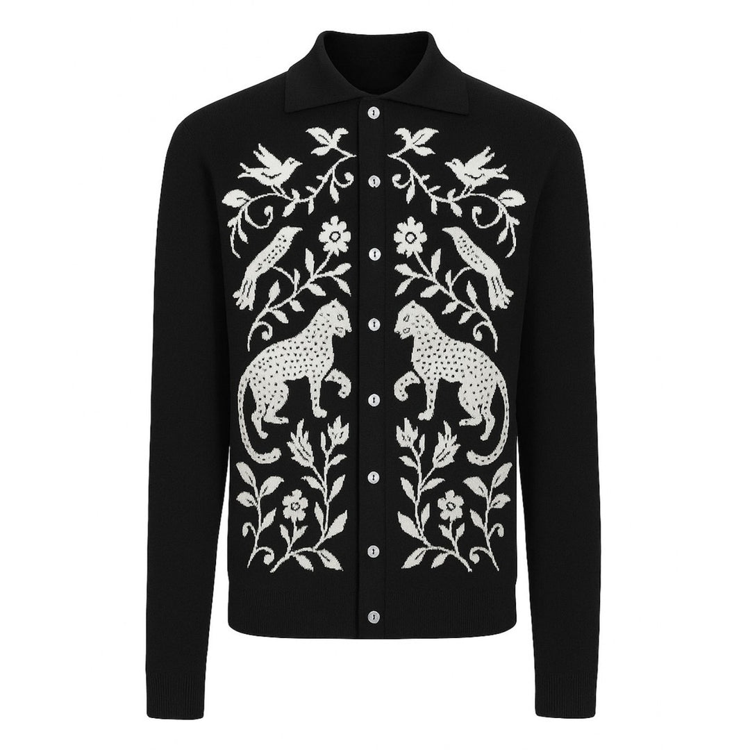 Men's black animal jacquard vintage knit look cardigan