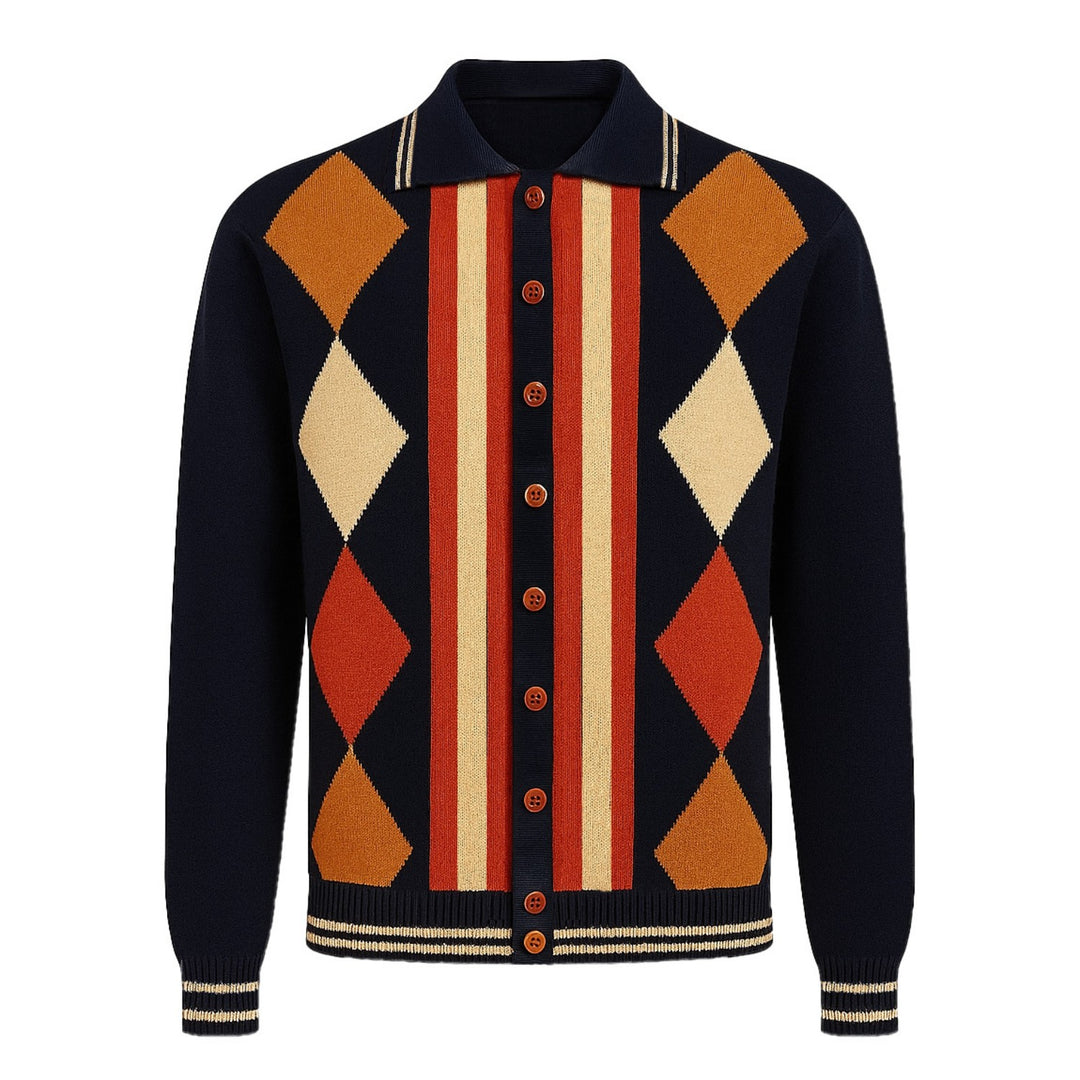 Men's black vintage diamond jacquard cardigan