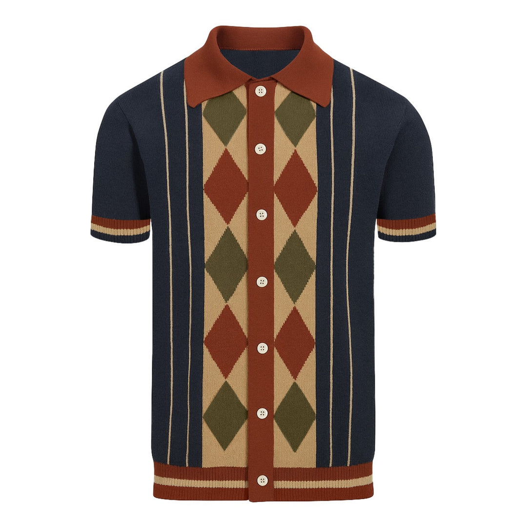 Men's navy blue vintage striped diamond check cardigan