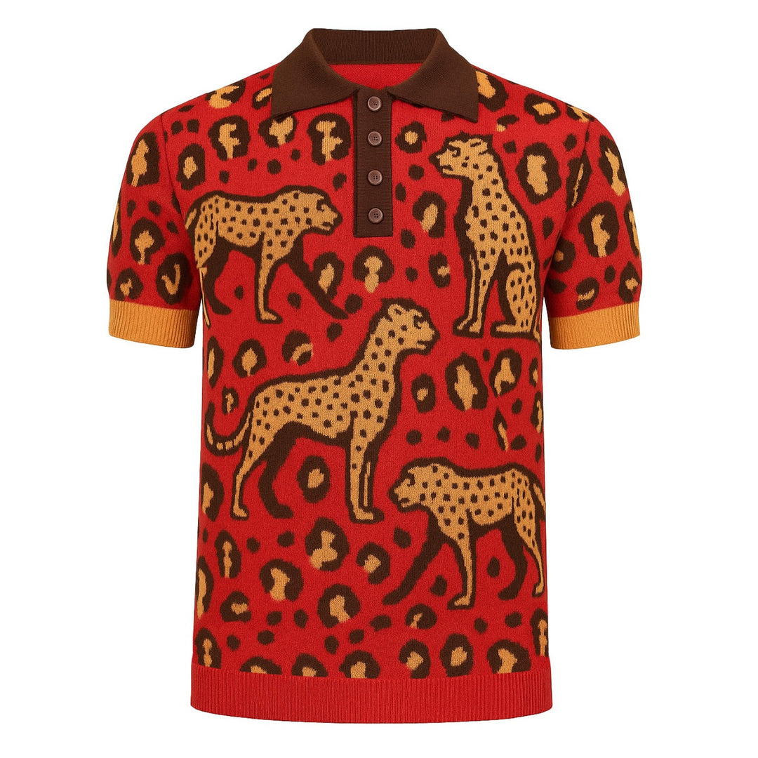 Men's red vintage leopard print vintage knitted polo