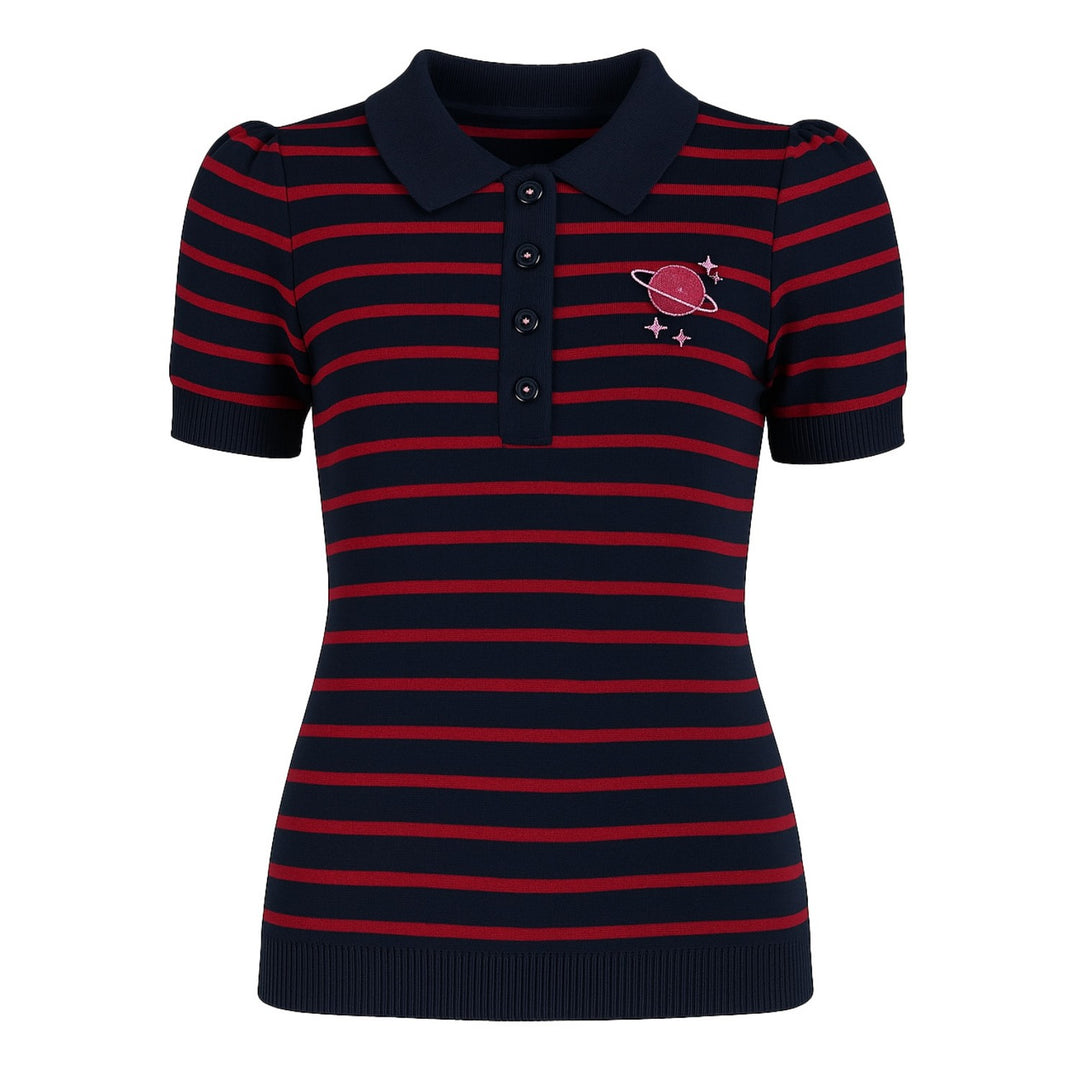 Women's dark blue striped bubble sleeve knitted polo