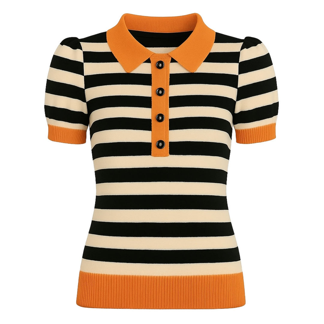 Women's black vintage striped bubble sleeve knitted orange polo