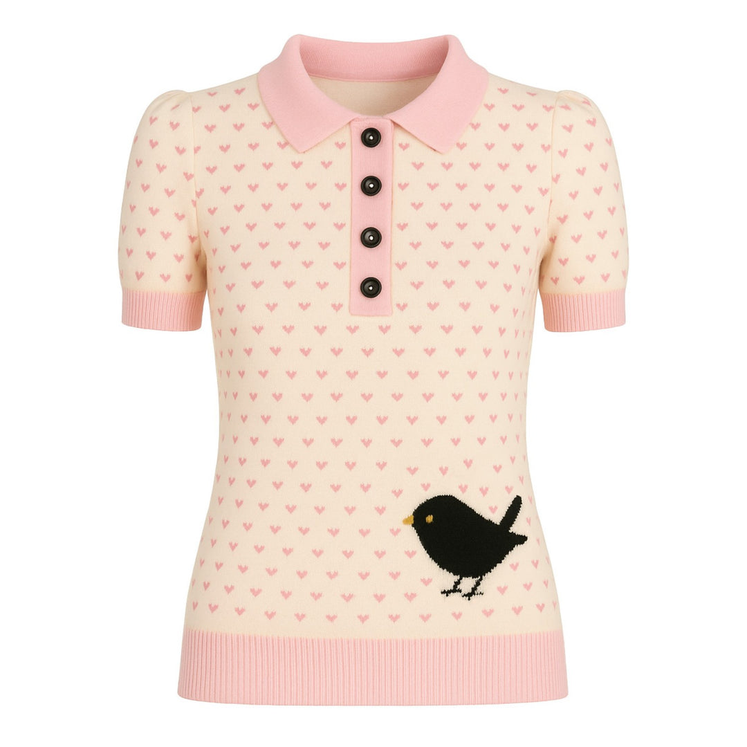 Women's polka dot bird puffed sleeve knitted polo