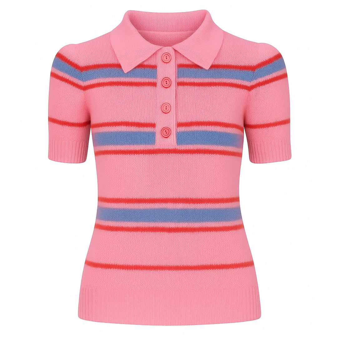 Women's pink vintage striped bubble sleeve knitted polo