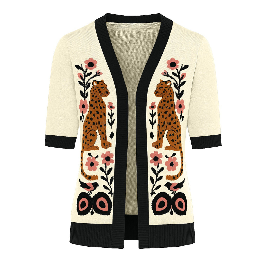 Women's apricot animal five-minute sleeve knitted cardigan