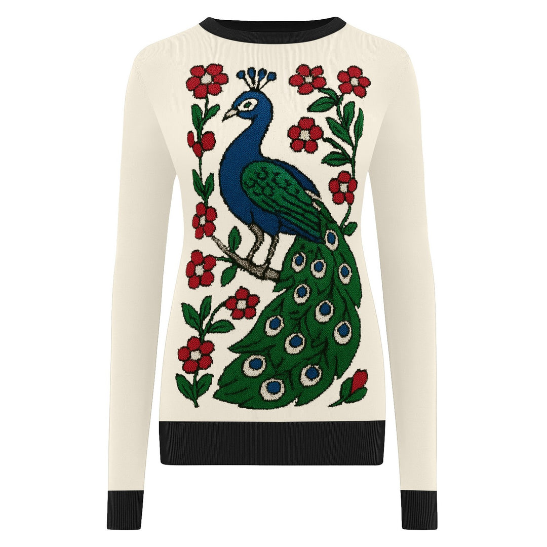 Women's vintage white peacock jacquard knitwear