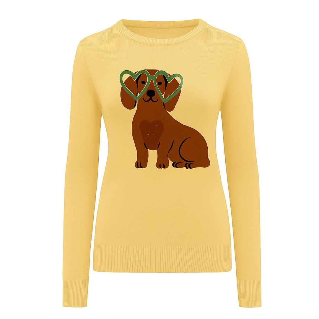 Women's yellow dog jacquard vintage knitwear