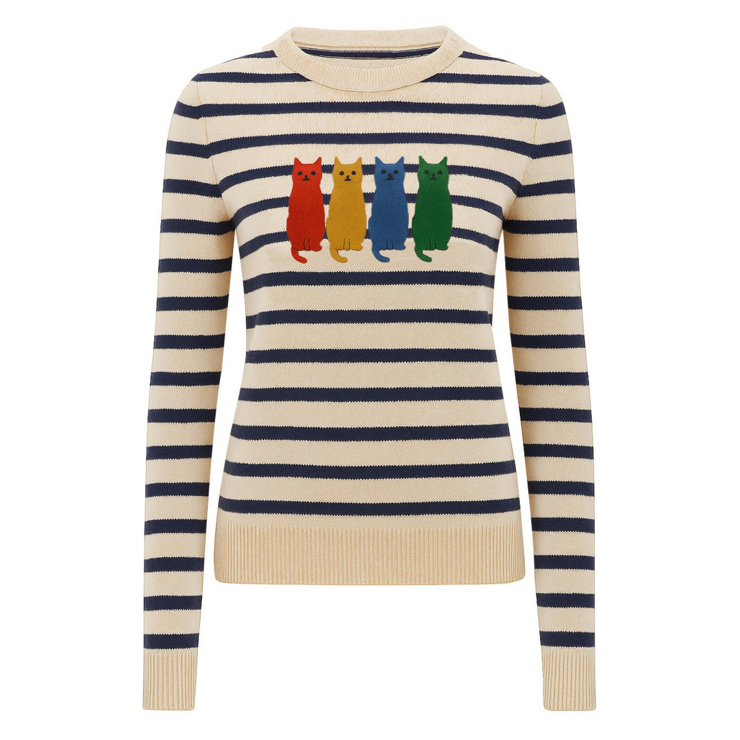 Women's striped vintage embroidered cat knitwear