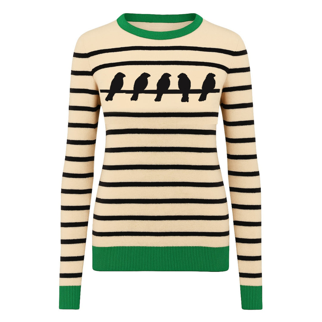Women's striped bird jacquard vintage knitwear