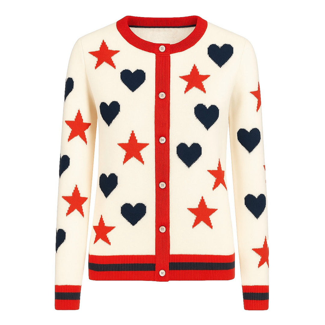 Women retro star love jacquard vintage knitted cardigan