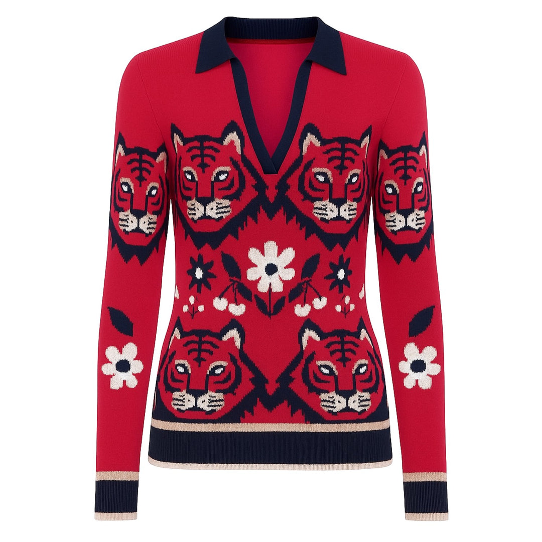 Women's red art jacquard knit V-neck polo shirt