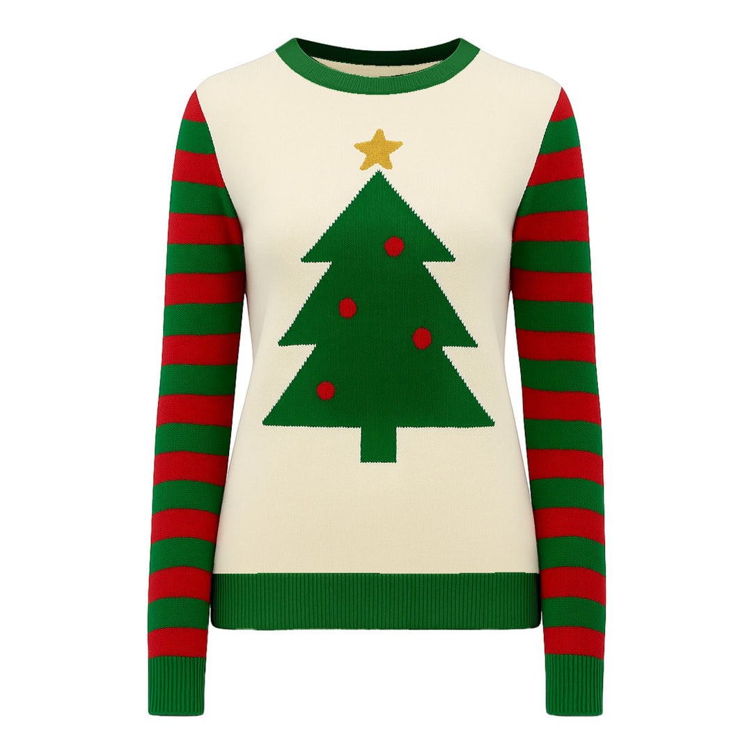 Women's green retro Christmas tree jacquard knitwear