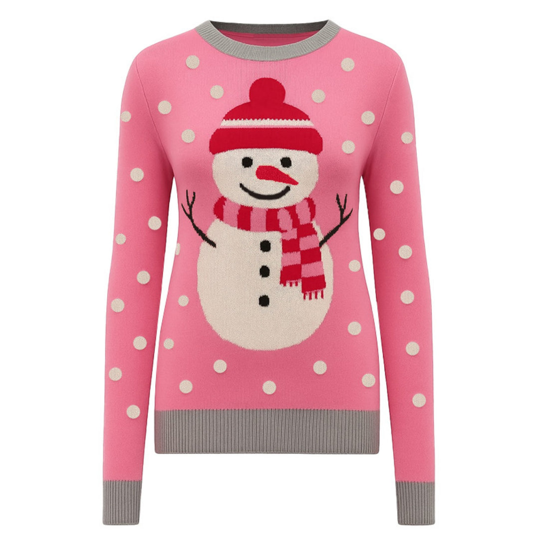 Roze damesgebreide kerstsneeuwman met stippen