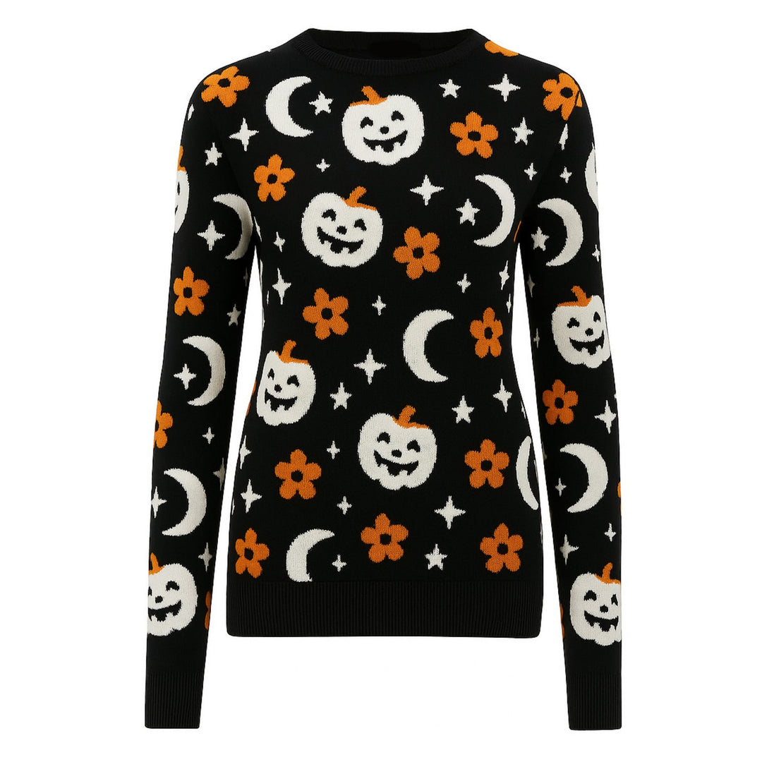 Women's black night pumpkin jacquard vintage knitwear