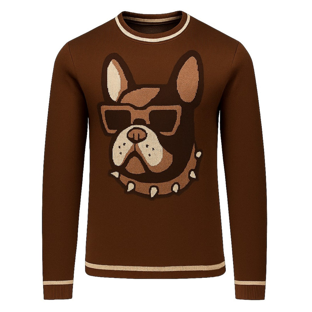 Men's brown French bulldog jacquard vintage knitwear
