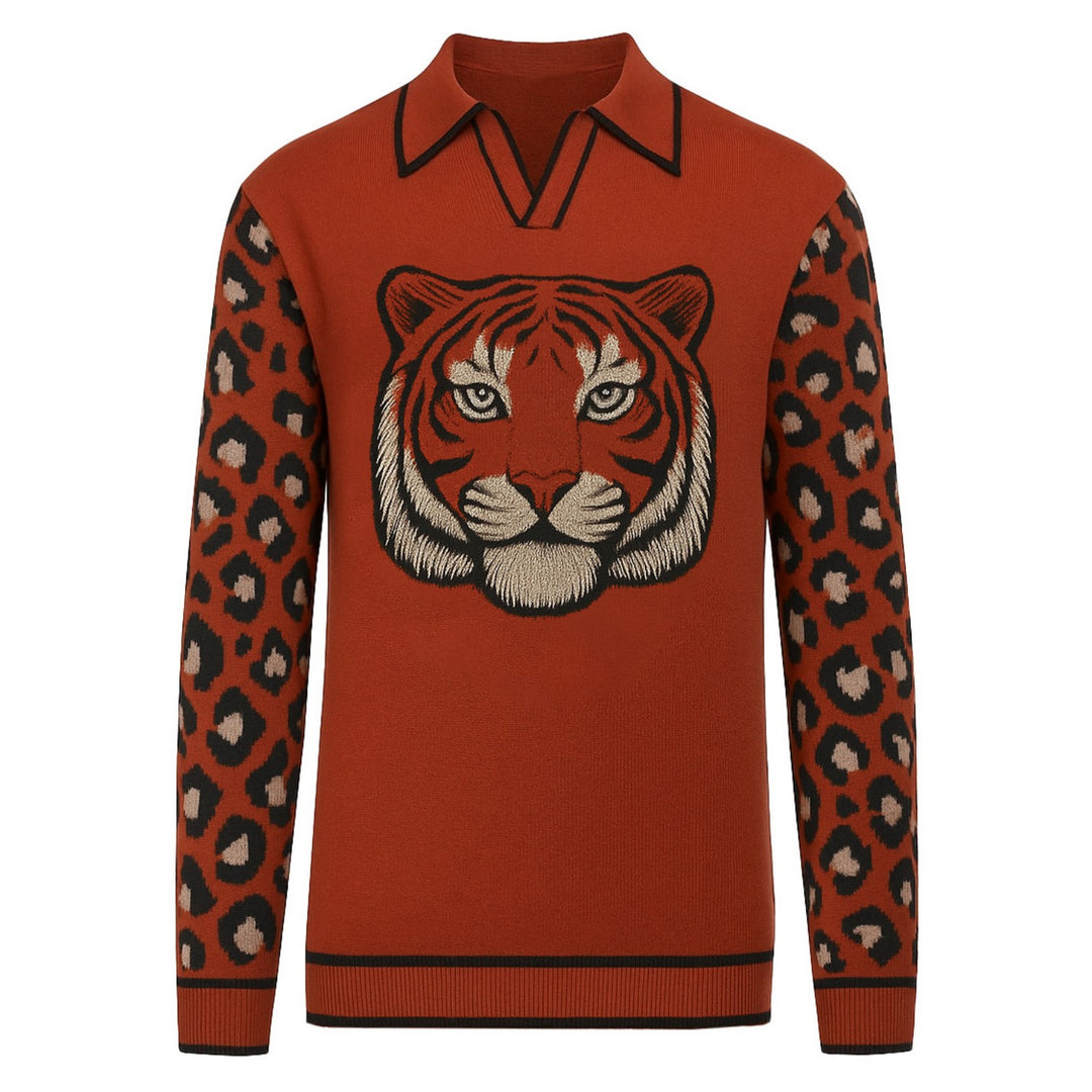 Men's leopard print jacquard vintage knit V-neck polo