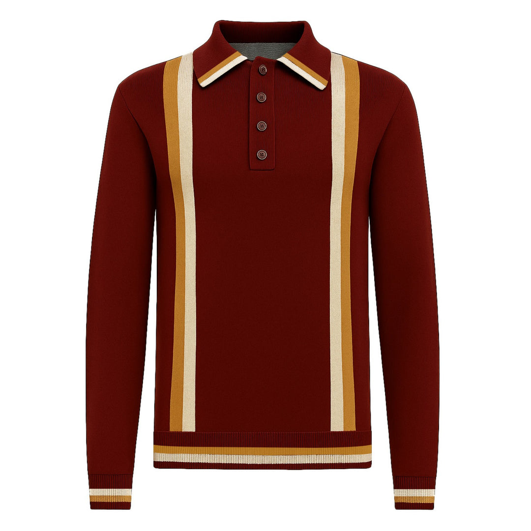 Men's red brown vintage symmetrical striped jacquard knit polo shirt