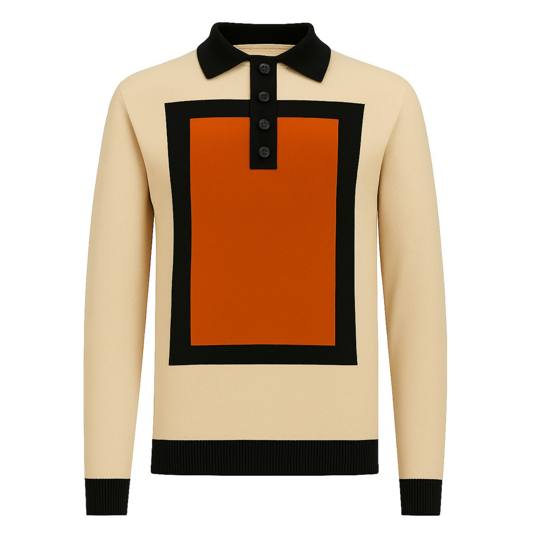 Men's apricot vintage square jacquard knit polo shirt