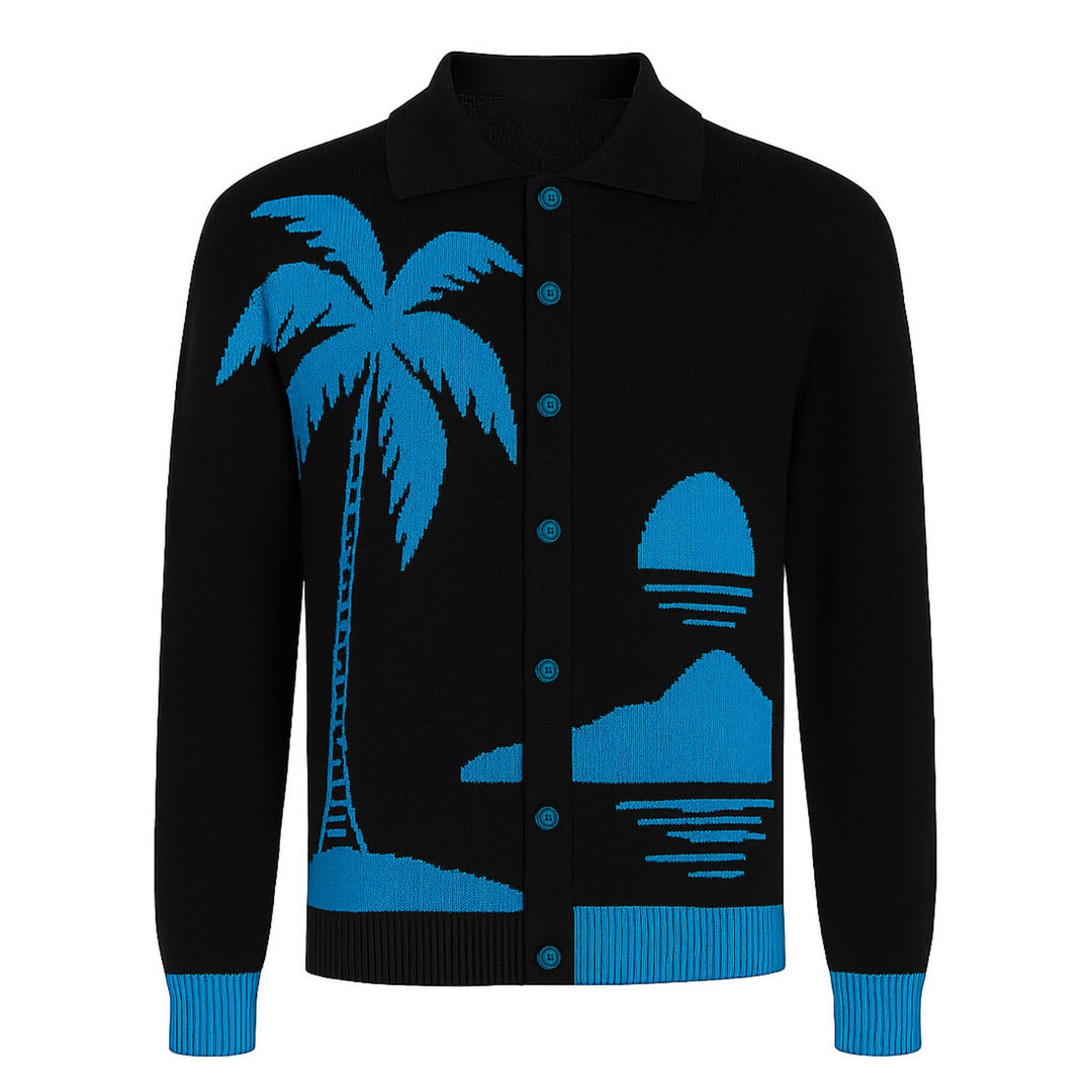 Men's black vintage coconut tree pattern jacquard cardigan