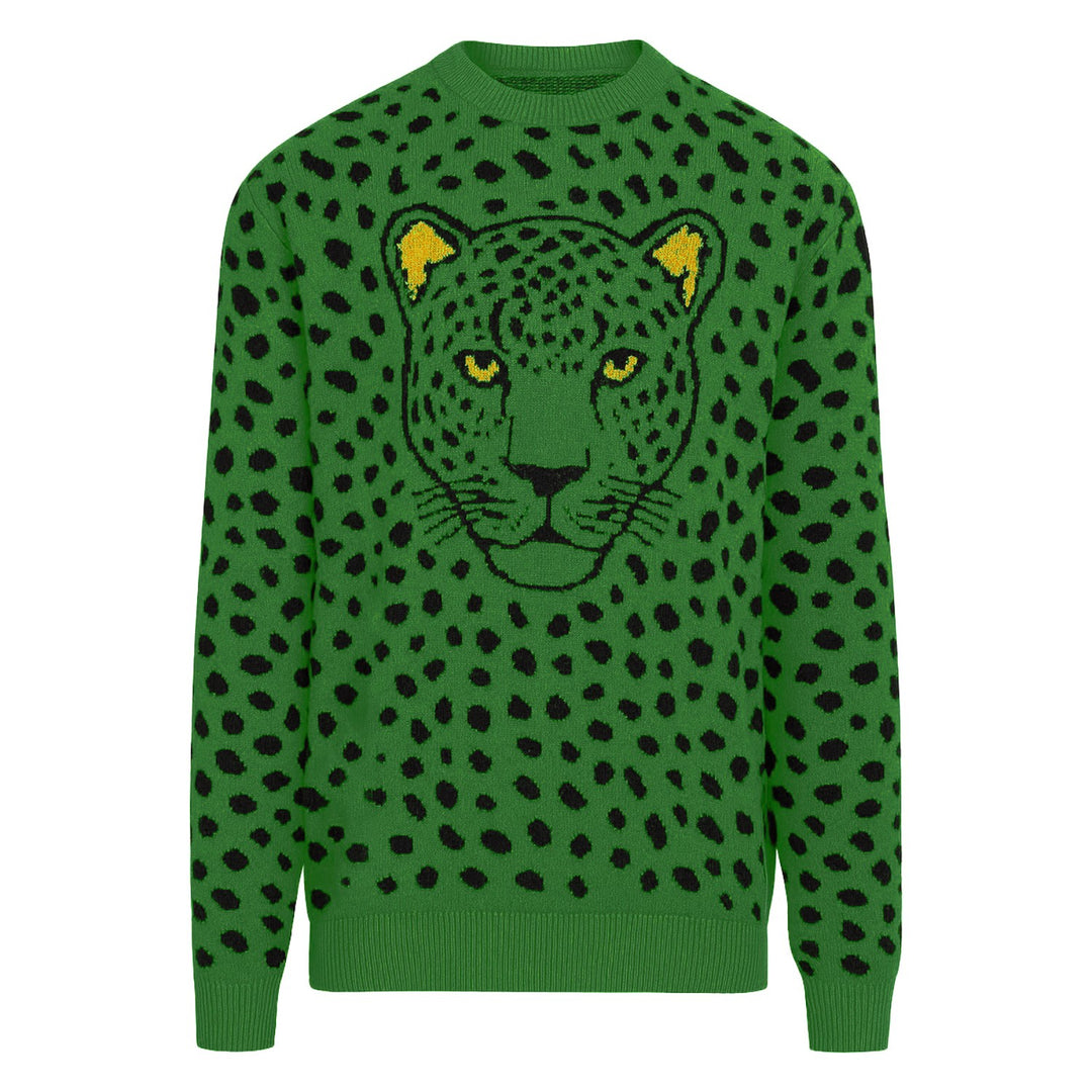 Men's green vintage leopard print jacquard knitwear