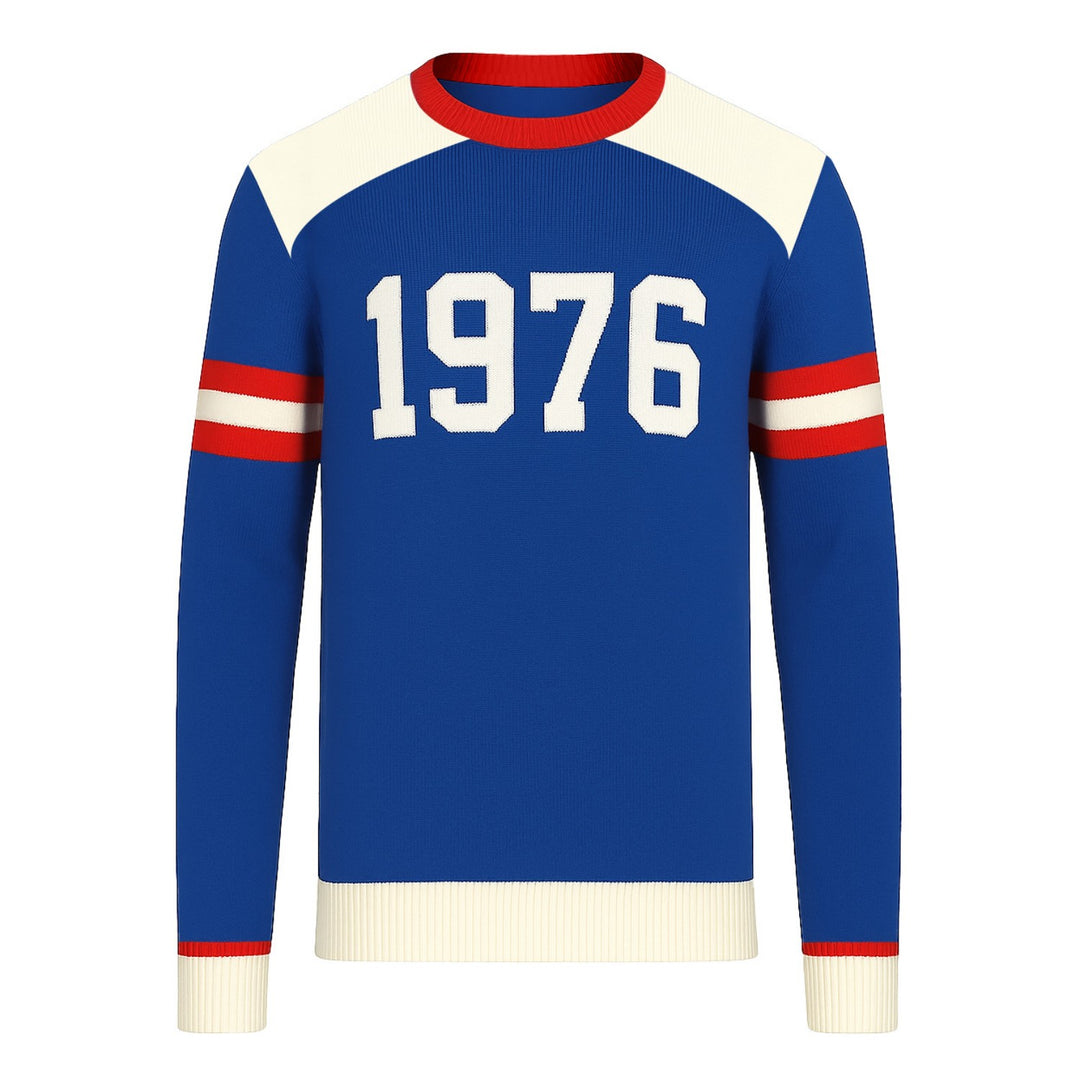 Men's blue "1976" word jacquard knitwear