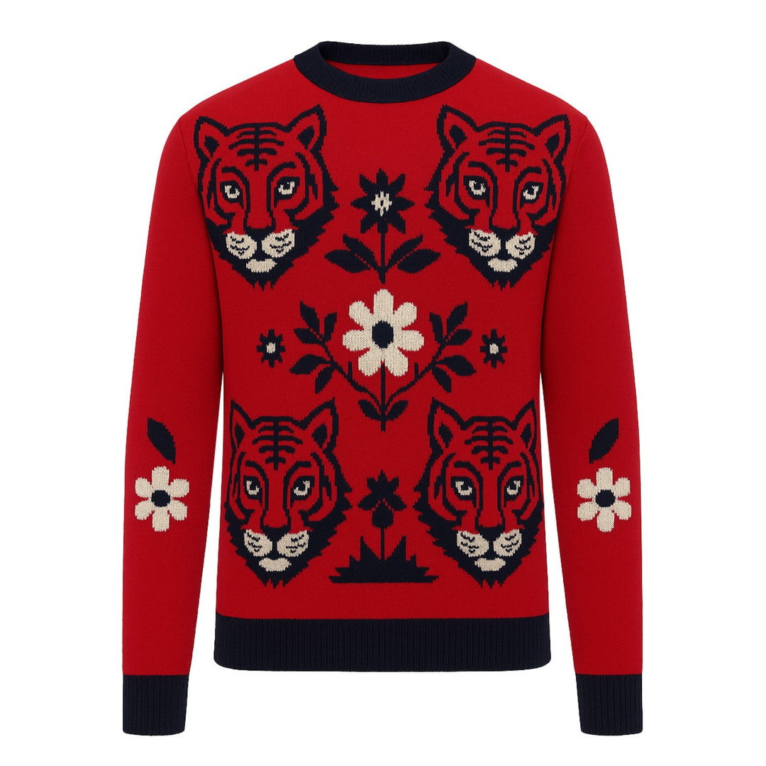 Men's red floral animal jacquard knitwear