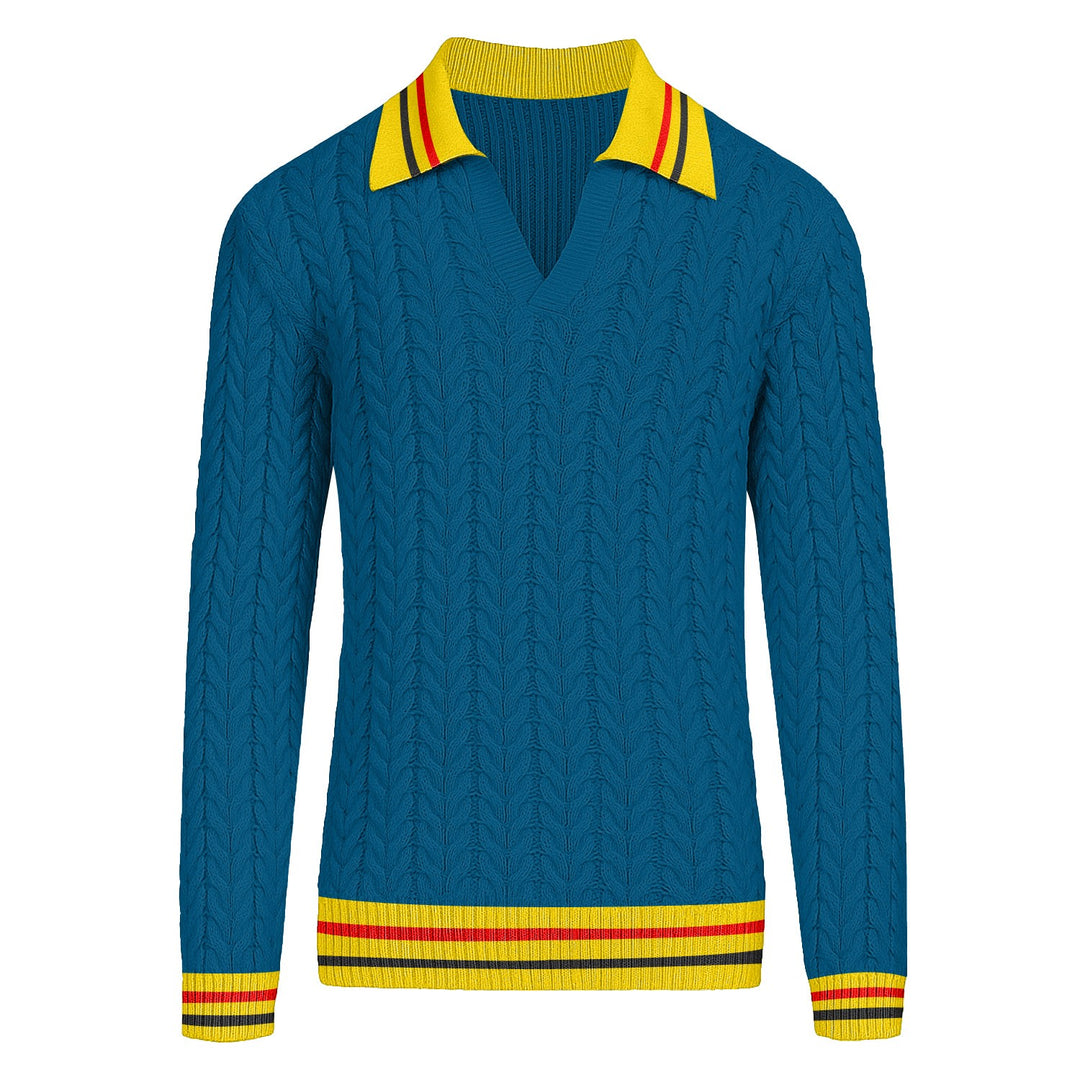Blauwe, retro-esthetische herenbreisel met V-hals