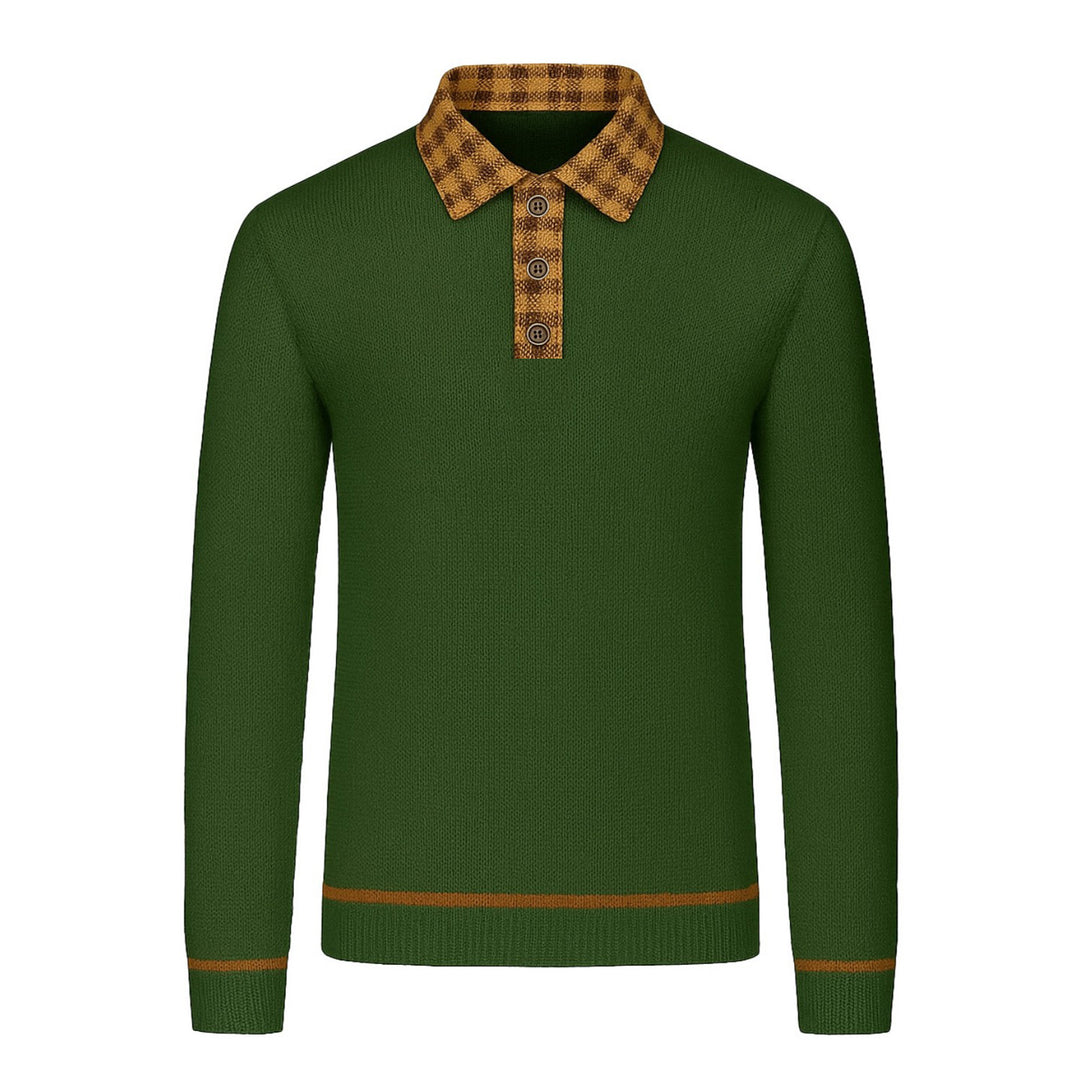 Grön vintagekonst stickad pikétröja i jacquard för män