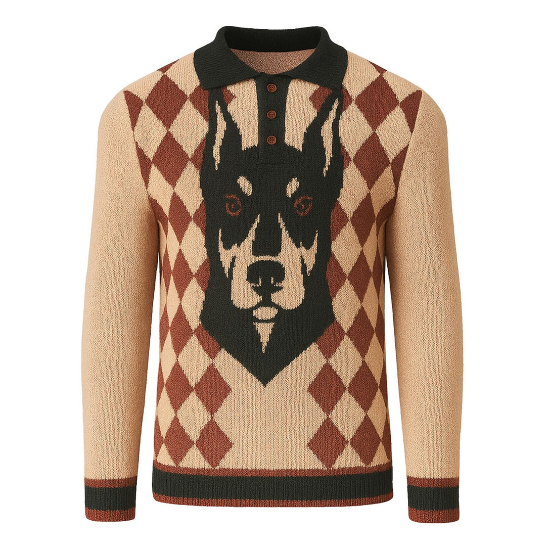 Men's khaki vintage art dog polo knitwear