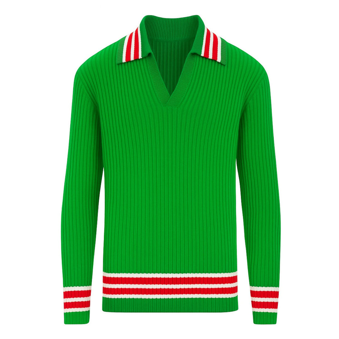 Men's green textured pit stripe V-neck polo shirt
