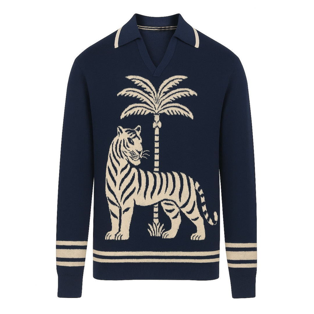 Men's dark blue animal coconut tree knitted polo shirt