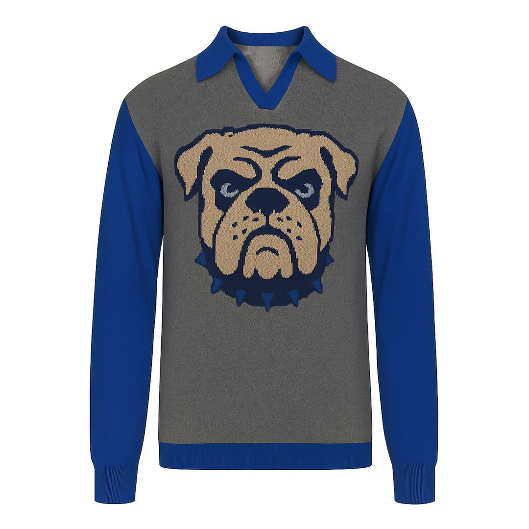 Men's blue French bulldog jacquard knit polo shirt