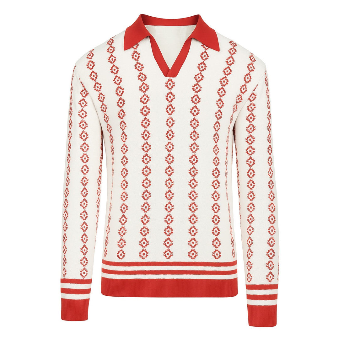 Men's red vintage aesthetic knitted V-neck polo shirt