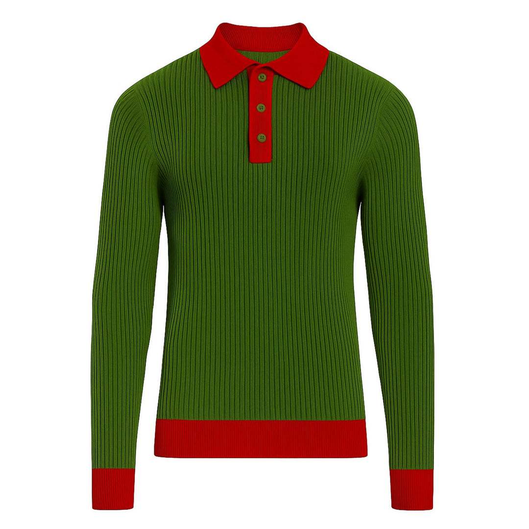 Men's green vertical pit bar vintage knitted polo shirt