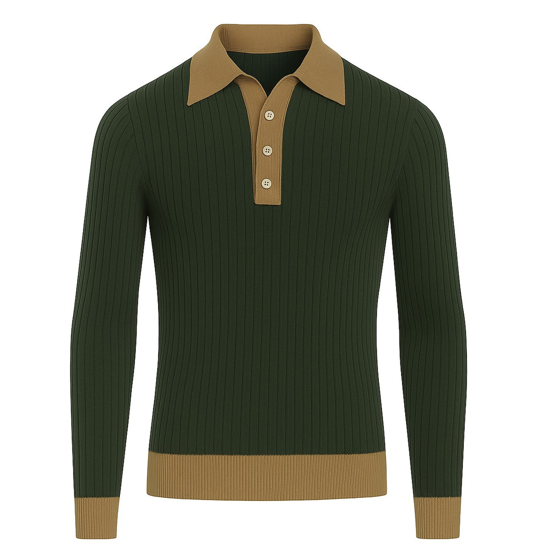 Men's green vintage pothole knit V-neck polo shirt